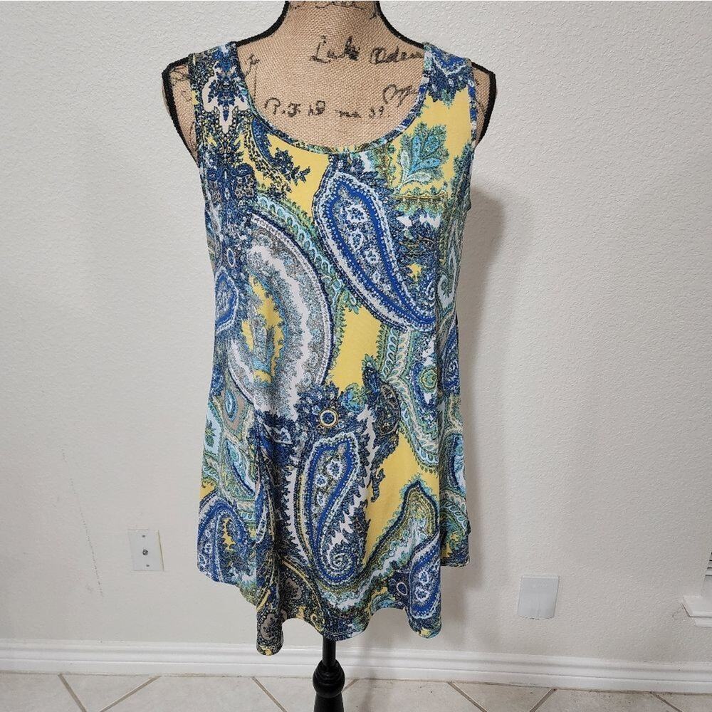 C&B Christopher & Banks Blue Yellow Paisley Sleeveless Scoop Neck Tank Top S